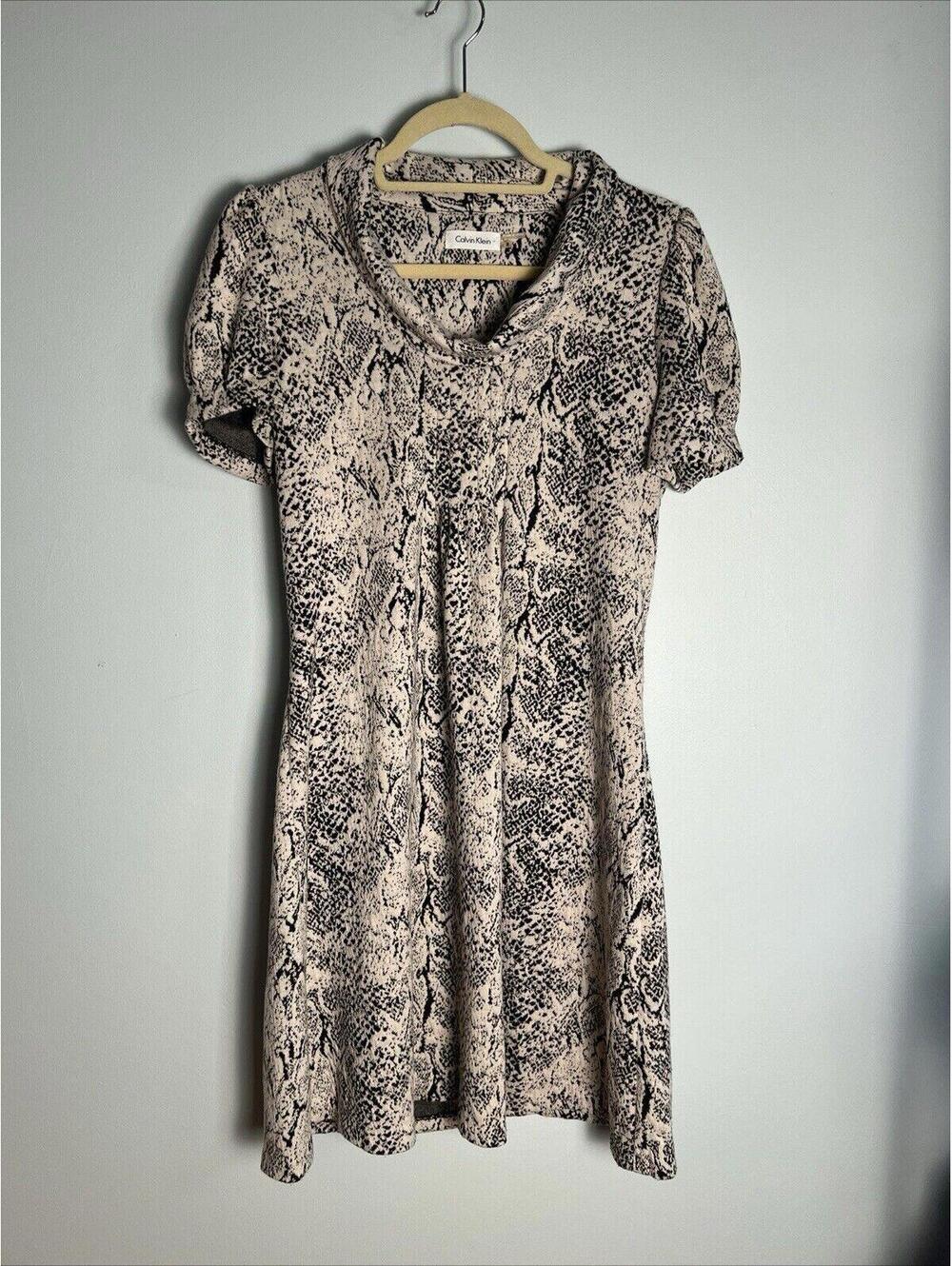 Calvin Klein Dress Midi Puff Sleeve Black Cream Cowl Neck Soft Stretch 8